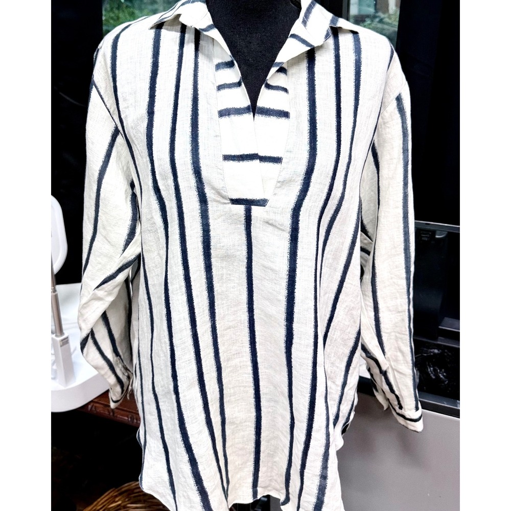 MPM Made in Italy Womens XS White Black Striped Cotton Tunic Shirt